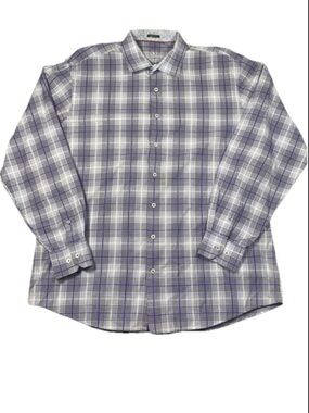 Bugatchi Men’s White Blue Checkered Button Down Dress Shirt Classic Fit XXL